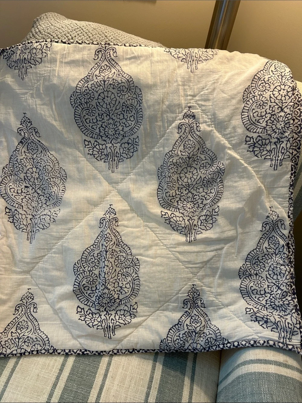 West Elm Quilted Euro Sham Pillow Cover Medallion Block Print Blue & White
